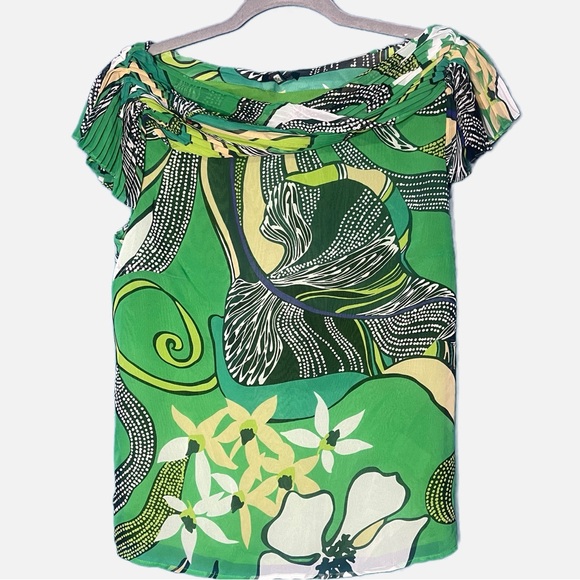 Escada Vintage Silk Blouse Green Abstract Floral Cowl Neck Top Sz 38 Medium - Picture 1 of 3